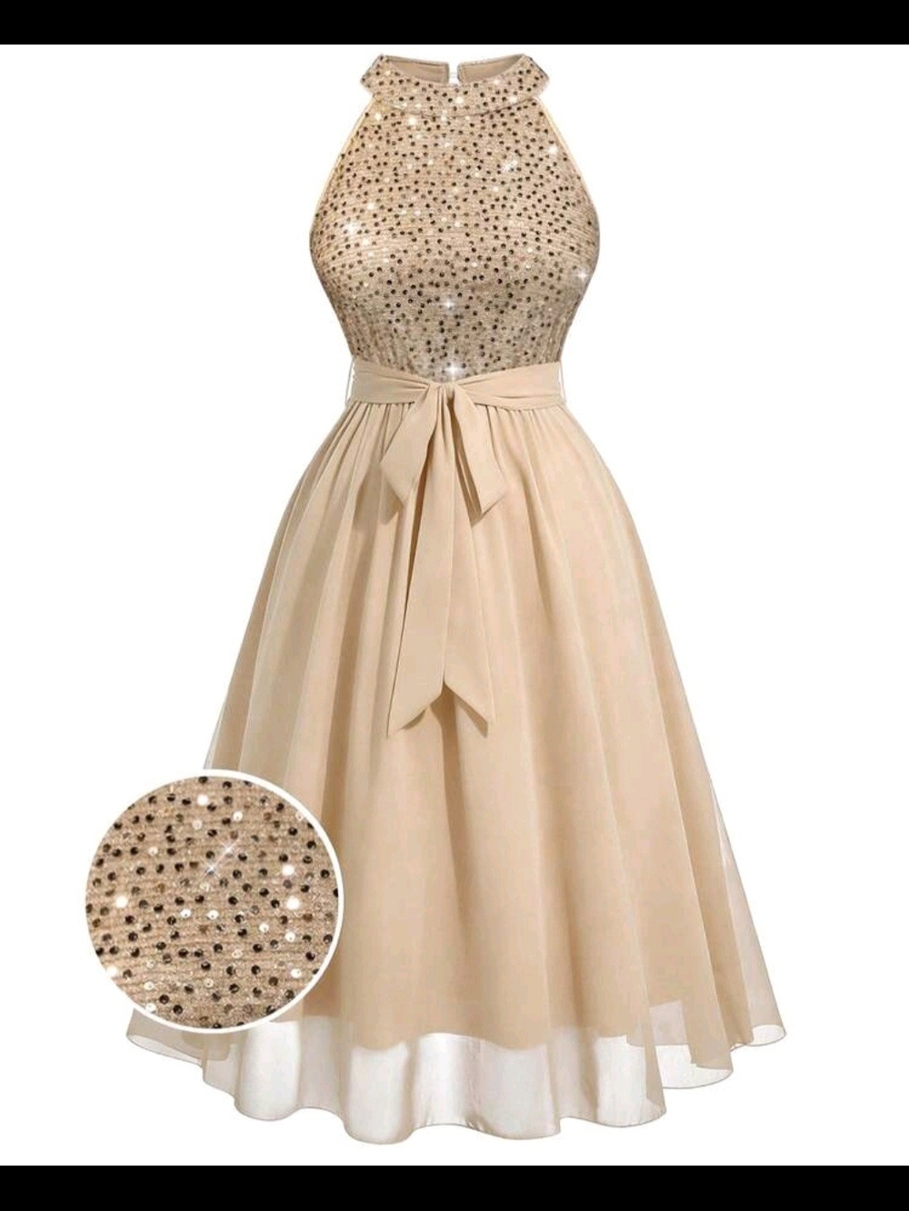 Elegant Sleeveless Halter Sequin Bodice Midi Dress in Champagne